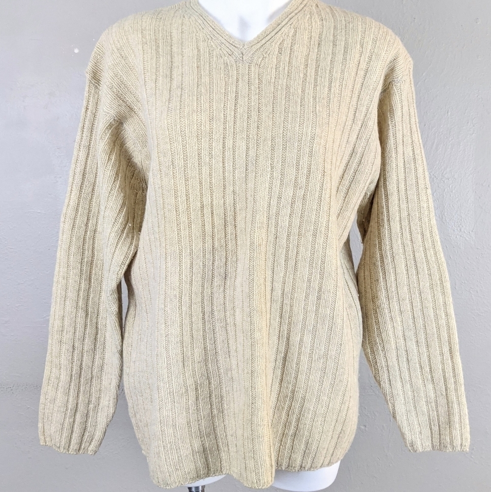 VTG Cream Tan Shetland Wool V Neck Ribbed Knit Sweater Academia Revival Cottage